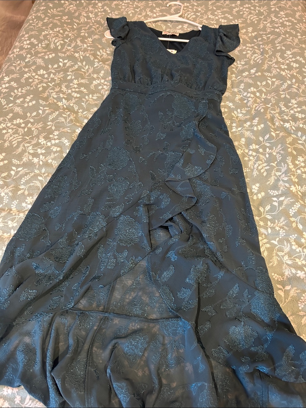 Elegant Dark Teal Floral Jacquard Ruffle Maxi Dress